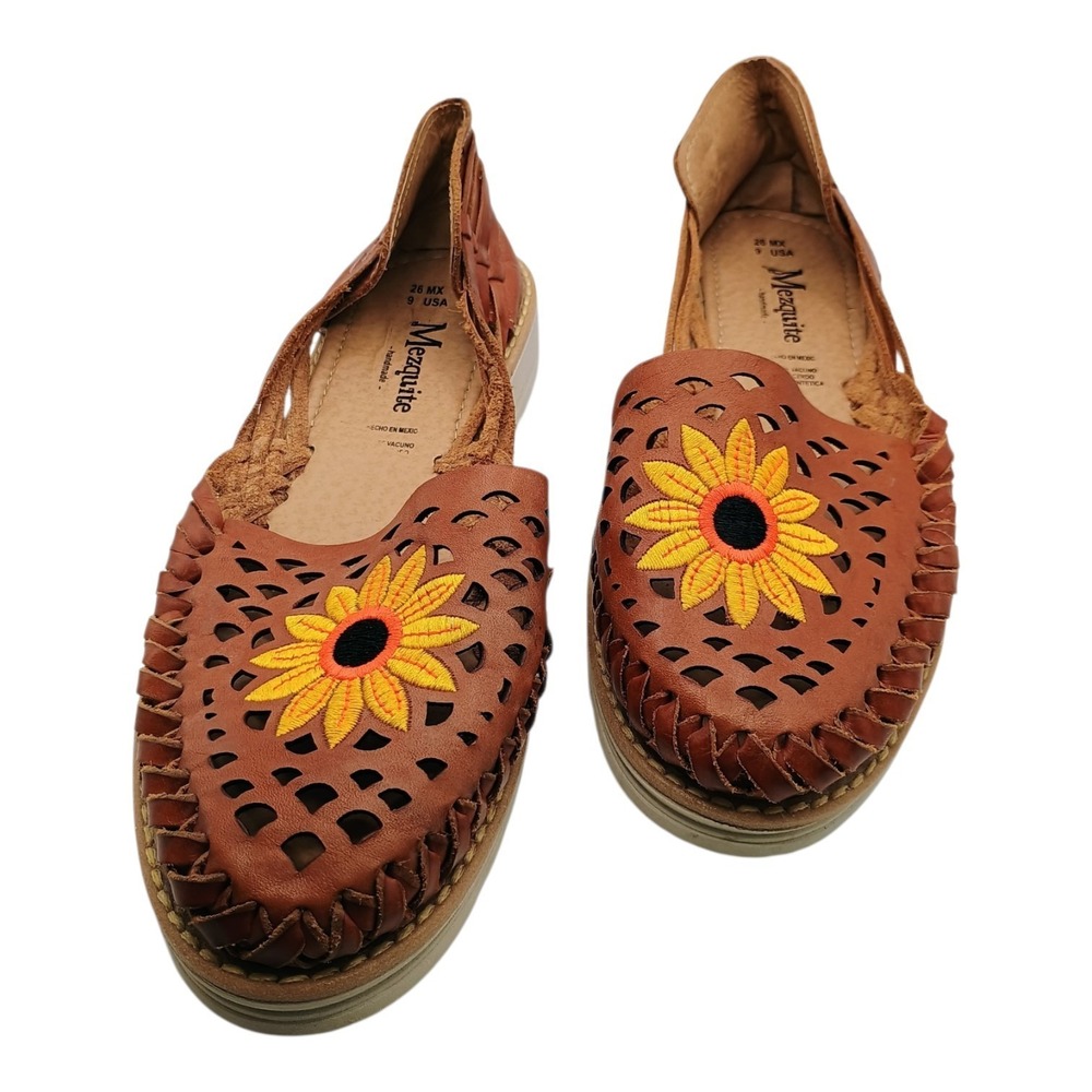 Huarache Mezquite Mexican Sandals Embroidered Sunflower Leather Handmade Women 9